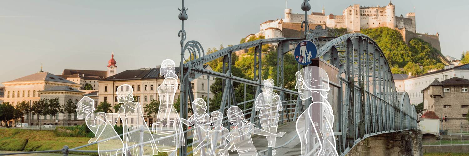 Maria with the children by the Salzach River. | © Tourismus Salzburg GmbH, Foto: Patrick Langwallner