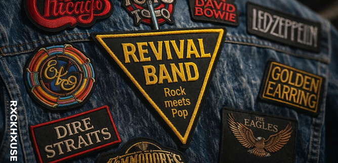 Ein Jeansjacke mit verschiedenen Patches von bekannten Rock- und Popbands. Der zentrale Patch zeigt den Schriftzug "REVIVAL BAND - Rock meets Pop". | © Rockhouse Salzburg