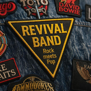 Ein Jeansjacke mit verschiedenen Patches von bekannten Rock- und Popbands. Der zentrale Patch zeigt den Schriftzug "REVIVAL BAND - Rock meets Pop". | © Rockhouse Salzburg