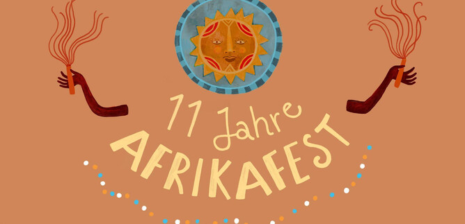 A colorful illustration that represents the theme "Africa Festival." It shows people with raised arms and a sunny face in the center. | © ARGEkultur