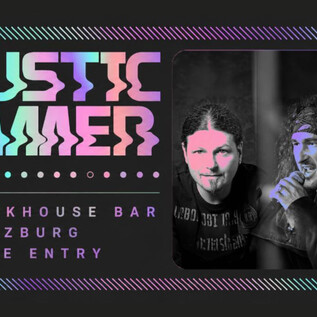 An advertisement banner for a music event titled "Acoustic Summer". It features three musicians and provides information about the location, Rockhouse Bar in Salzburg, and the free admission. | © Rockhouse Salzburg