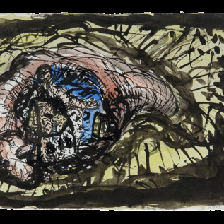 Kreativní obraz ruky, která zachycuje fascinující krajinu s budovou. Barvy jsou živé a pozadí působí abstraktně. | © Foto Carl Brunn © Georg Baselitz 2026