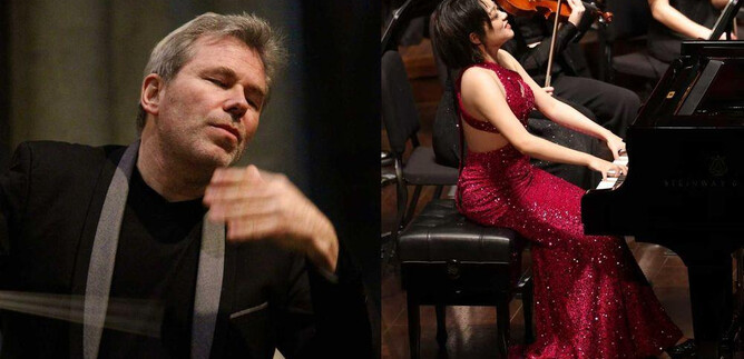 A conductor standing passionately, and a pianist in an elegant red dress, playing with concentration. In the background, an orchestra is visible. | © Melanie Stegemann & Jingyi Zou