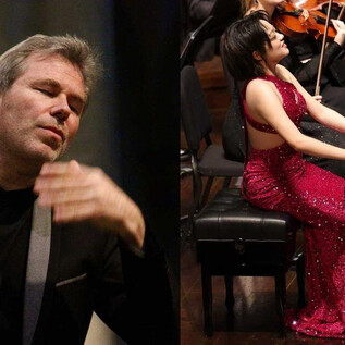 A conductor standing passionately, and a pianist in an elegant red dress, playing with concentration. In the background, an orchestra is visible. | © Melanie Stegemann & Jingyi Zou