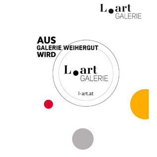 A modern graphic showing the text "FROM GALERIE WEIHERGUT BECOMES L.o.art GALLERY". Various geometric shapes in the colors red, yellow, and gray can be seen.