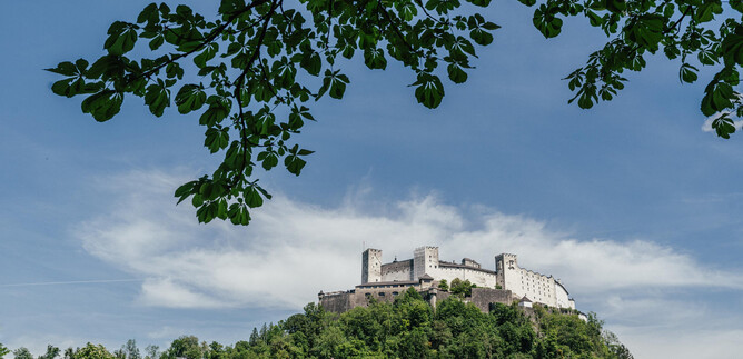 Impozantní hrad se tyčí na kopci, obklopen zelenými stromy. Obloha je modrá s několika mraky.