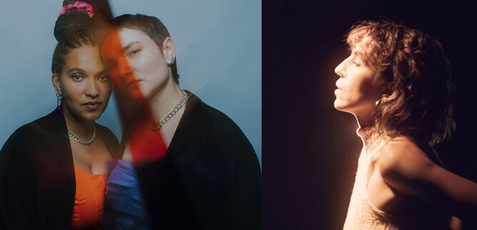 Two women stand side by side in stylish outfits with different facial expressions. On the right side, there is a woman in profile, illuminated by soft light. | © Dovile Sermokas & Jana van Brussel