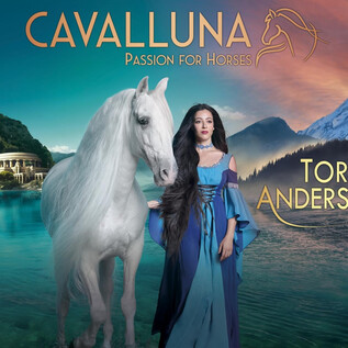 A beautiful image of a woman in a blue robe standing next to a white horse. In the background, mountains and a calm water surface can be seen. | © Cavalluna