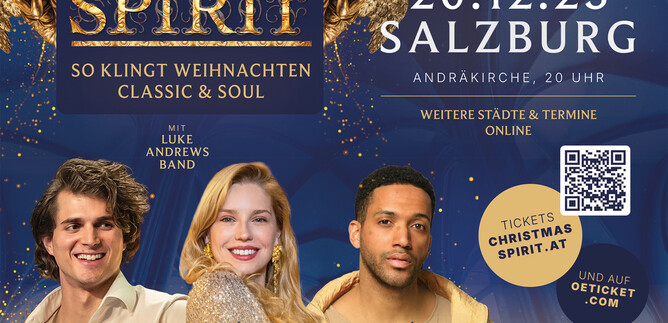 A poster for a Christmas concert titled "Christmas Spirit" in Salzburg. It features artists Daniel Gutmann, Amelie Hois, and César Sampson, as well as information on the date and location.