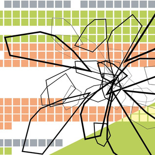 Une graphique abstraite avec des motifs de carrés colorés en orange, gris et vert. Des lignes ramifiées dessinées en noir forment une forme intéressante au centre. | © Annette Rollny / fokus-design.com