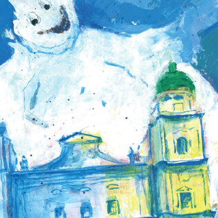 Un bâtiment avec des toits verts et des murs jaunes devant un ciel bleu. Un visage souriant et nuageux flotte au-dessus. | © Salzburger Kulturvereinigung