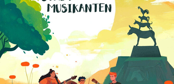 A colorful scene with musicians playing on a meadow. In the background stands a monument, surrounded by flowers and a sunny atmosphere. | © Theater ecce