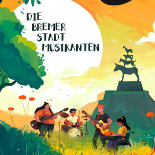 Eine bunte Szene mit Musikern, die auf einer Wiese spielen. Im Hintergrund steht ein Denkmal, umgeben von Blumen und einer sonnigen Atmosphäre. | © Theater ecce