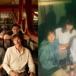 A group of men sits in a train compartment. Next to them is another group of people at a table with drinks and food. | © Jazzit_Angel Mendoza