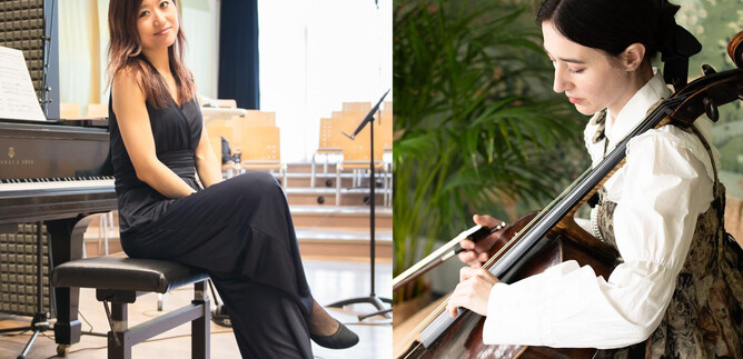 Two female musicians in a studio. The woman on the left is sitting at the piano and the woman on the right is playing the cello. | © Yo Ban / Marian Furnica