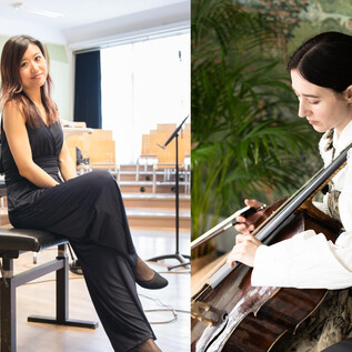 Deux musiciennes dans un studio. La femme de gauche est assise au piano et celle de droite joue du violoncelle. | © Yo Ban / Marian Furnica
