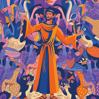 Un hombre en una túnica naranja está rodeado de muchas aves coloridas. La escena tiene un estilo vibrante y artístico. | © DomQuartier