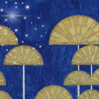 An artistic representation of golden fan shapes on a blue background. In the upper part, some stars are sparkling. | © ISM