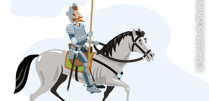 Egy lovag egy szürke lovon ül, és egy dárdát tart a kezében. Az ég enyhén felhős. | © SketchStock /Shutterstock