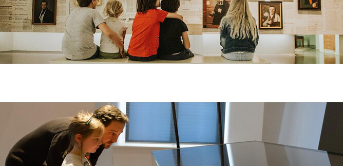 Children and adults are looking at paintings in a museum. Above, various portraits can be seen, while below a father and his son are examining an exhibit. | © Salzburg Museum