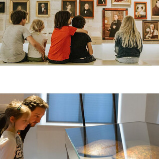 Kinder und Erwachsene betrachten Gemälde in einem Museum. Oben sind verschiedene Porträts zu sehen, während unten ein Vater mit seinem Sohn ein Exponat anschaut. | © Salzburg Museum
