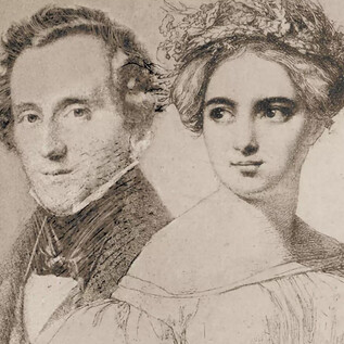 Historyczne portret dwóch osób, mężczyzny i kobiety, w formalnych strojach. Przedstawienie szczegółowo ukazuje twarze i fryzury obojga.