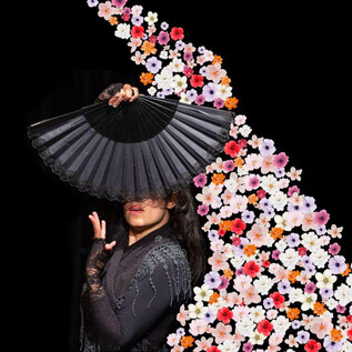 Une danseuse élégante tient un éventail noir devant son visage. Autour d'elle, des fleurs colorées sont disposées sur un fond noir. | © Manuel Hochmuth