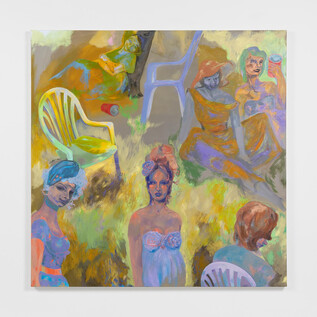 Živý obraz s několika ženami v barevných outfitech. V pozadí jsou vidět židle a letní atmosféra. | © Georgia Gardner Gray. Courtesy the Artist and Sadie Coles HQ, London. Foto: Joerg Lohse