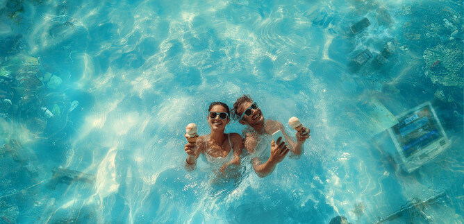 Pár plave v čisté, modré vodě a užívá si zmrzlinu. Smějí se a mají radost ve volném čase. | © gold extra