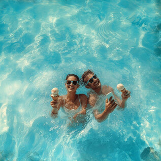 A couple swims in the clear, blue water and enjoys ice cream. They laugh and have fun during their free time. | © gold extra
