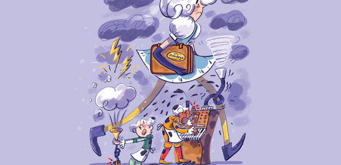 A funny depiction of a woman with gray hair running in a business suit. Around her are cartoon characters and a chaotic environment with storm clouds and tools. | © Salzburger Festspiele/Gemma Palacio