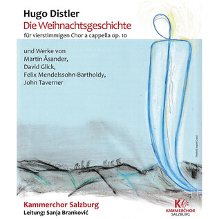 Ein Plakat für das Konzert „Die Weihnachtsgeschichte“ von Hugo Distler. Es zeigt ansprechende, künstlerische Illustrationen und Informationen zum Ensemble und zur Leitung.