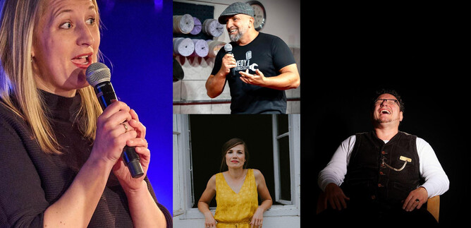 Drei Personen stehen auf der Bühne und präsentieren unterschiedliche Auftritte. Alle zeigen emotionale Ausdrücke, die Freude und Leidenschaft für ihre Darbietung vermitteln. | © Marlene Tscherni, @sachavanderwerf, Helena Wimmer, Volker Weihbold