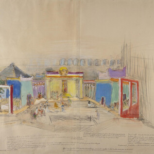 A colorful sketch of an interior with various doors and a central table. The walls are designed in vibrant colors, and there are architectural elements in the background. | © Fondation Oskar Kokoschka_Andrew Phelps (Foto)