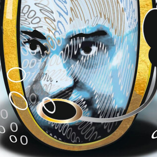 A stylized portrait of a man with headphones. In the background, digital elements and numbers are visible. | © Zebra Grafik Rotraud B.