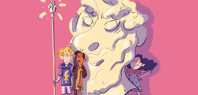 Two children look surprised at a large statue with a mysterious face. A third child reacts startled nearby. | © Salzburger Festspiele/Gemma Palacio