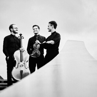 Tři hudebníci stojí na schodech a usmívají se. Jeden drží violoncello, zatímco ostatní drží housle a další nástroj. | © Kaupo Kikkas