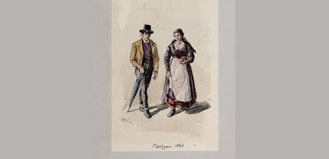 Ein historisches Farbengemälde zeigt ein Paar in traditioneller Kleidung. Der Mann trägt einen Zylinder und einen Anzug, während die Frau ein langes Kleid an hat. | © Salzburg Museum