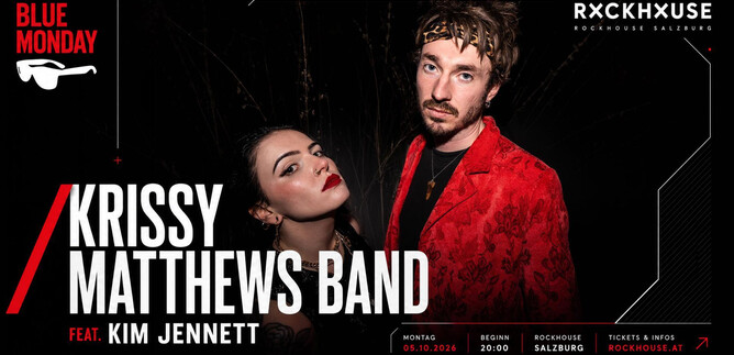 Ein Konzertplakat der Krissy Matthews Band mit Kim Jennett. Es zeigt die beiden Musiker in stylischer Kleidung vor einem dunklen Hintergrund. | © Rockhouse Salzburg