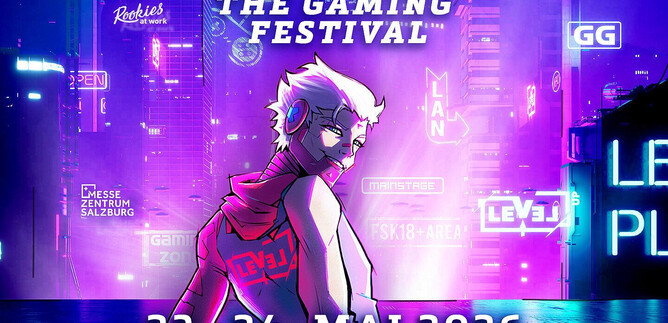 Ein farbenfrohes Plakat für das Gaming Festival "LEVEL UP" in Salzburg. Das Event findet am 28. und 29. Juni 2025 im Messezentrum Salzburg statt. | © Messezentrum Salzburg