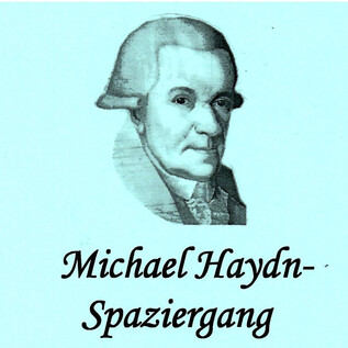 A portrait of Michael Haydn against a blue background. Below it is written in cursive "Michael Haydn Walk".
