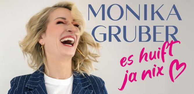 A laughing woman with blonde, curly hair is wearing a striped blazer. The text on the image includes the name "Monika Gruber" and the saying "it doesn't help at all." | © Starupphot