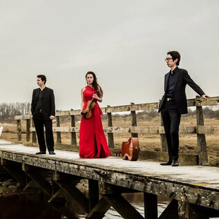Trois musiciens se tiennent sur un pont en bois, entourés par un paysage automnal. La femme porte une robe rouge et tient un instrument de musique dans la main. | © Foppe Schut