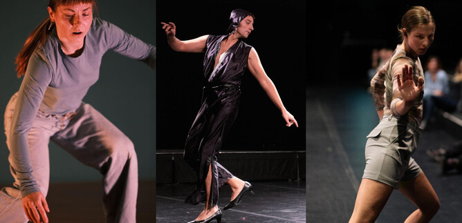Three dancers perform various movements on a stage. Each has a unique style and expression. | © Elias Choi Buttinger, Sarah Mistura, Annika Hammer