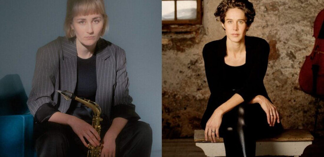 Two women are sitting next to each other in an artistic photographic style. The woman on the left is holding a saxophone, while the woman on the right is sitting on a chair. | © Alex Gotter, Sophie Abraham