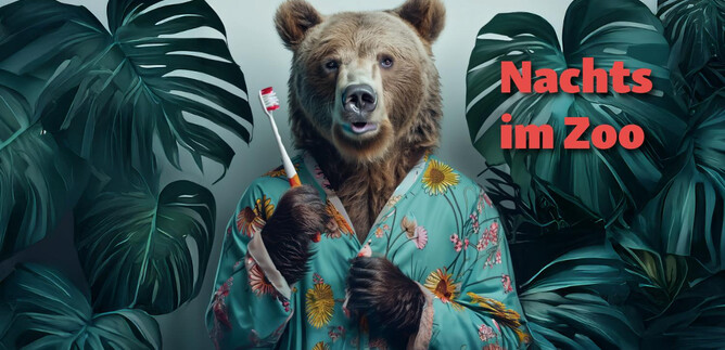 L'immagine soggetto creata con l'IA per il 'Nachtzoo Salzburg Hellbrunn' mostra un orso in pigiama con uno spazzolino da denti nella zampa. | © Zoo-Salzburg-Hellbrunn