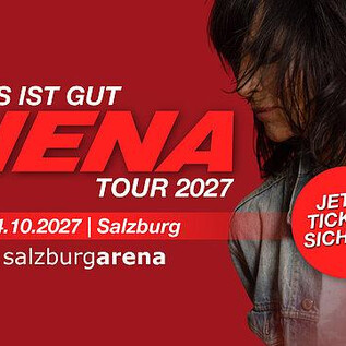 Une affiche publicitaire pour le concert de Nena à Salzburg en 2027. Le fond est rouge et contient des informations sur la date et le lieu. | © Cook Music Management GmbH
