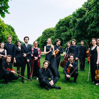 A group of musicians is standing outdoors on a green meadow. They are wearing elegant black clothing and holding various instruments in their hands. | © Freie Kunst