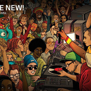 Egy élénk, színes illusztráció emberekről, akik különböző zenei stílusokat élveznek. A jelenet reggae, hip-hop és soul keverékét mutatja, DJ-vel és boldog táncosokkal. | © Rockhouse Salzburg