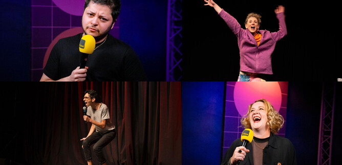 A lively comedy show with multiple performers on stage. The artists display various emotions and interactions with the audience. | © vlonru - Der Kuseng: FM4 / Happy Hour, AnnPhi & Stefanie Sourial: Marija Sabanovic, Denice Bourbon: FM4 / Happy Hour